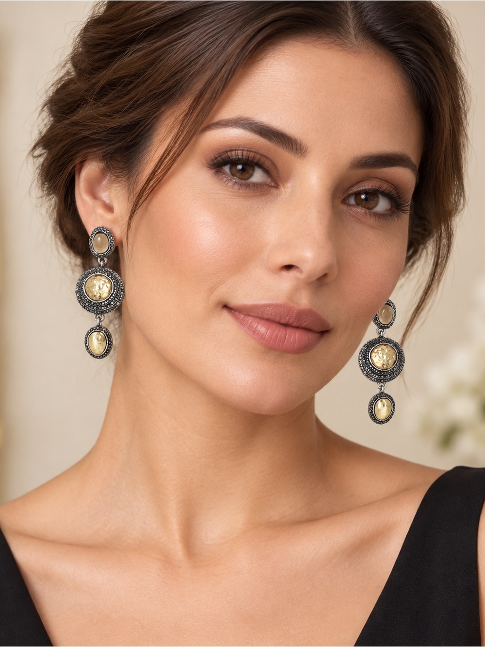 Gold and Black Tiered Medallion Drop Statement Earrings